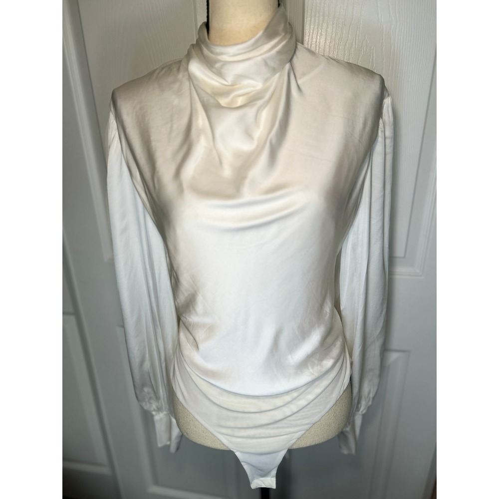 AllSaints Ilaria Bodysuit High Cowl Neck‎ Open Back 10 White Satin NWT READ